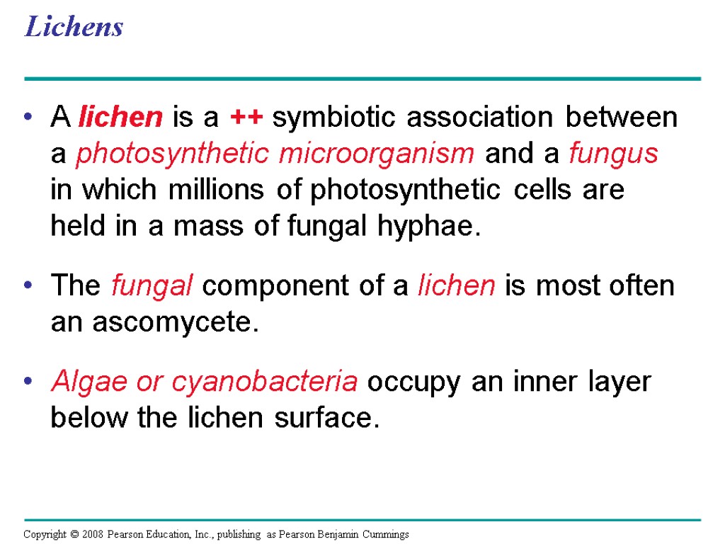 Lichens A lichen is a ++ symbiotic association between a photosynthetic microorganism and a